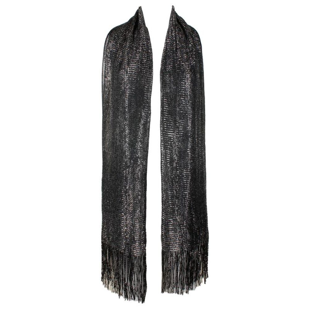 DBFL Ladies Metallic Shimmery Fringed Mesh Evening Scarf Black Silver